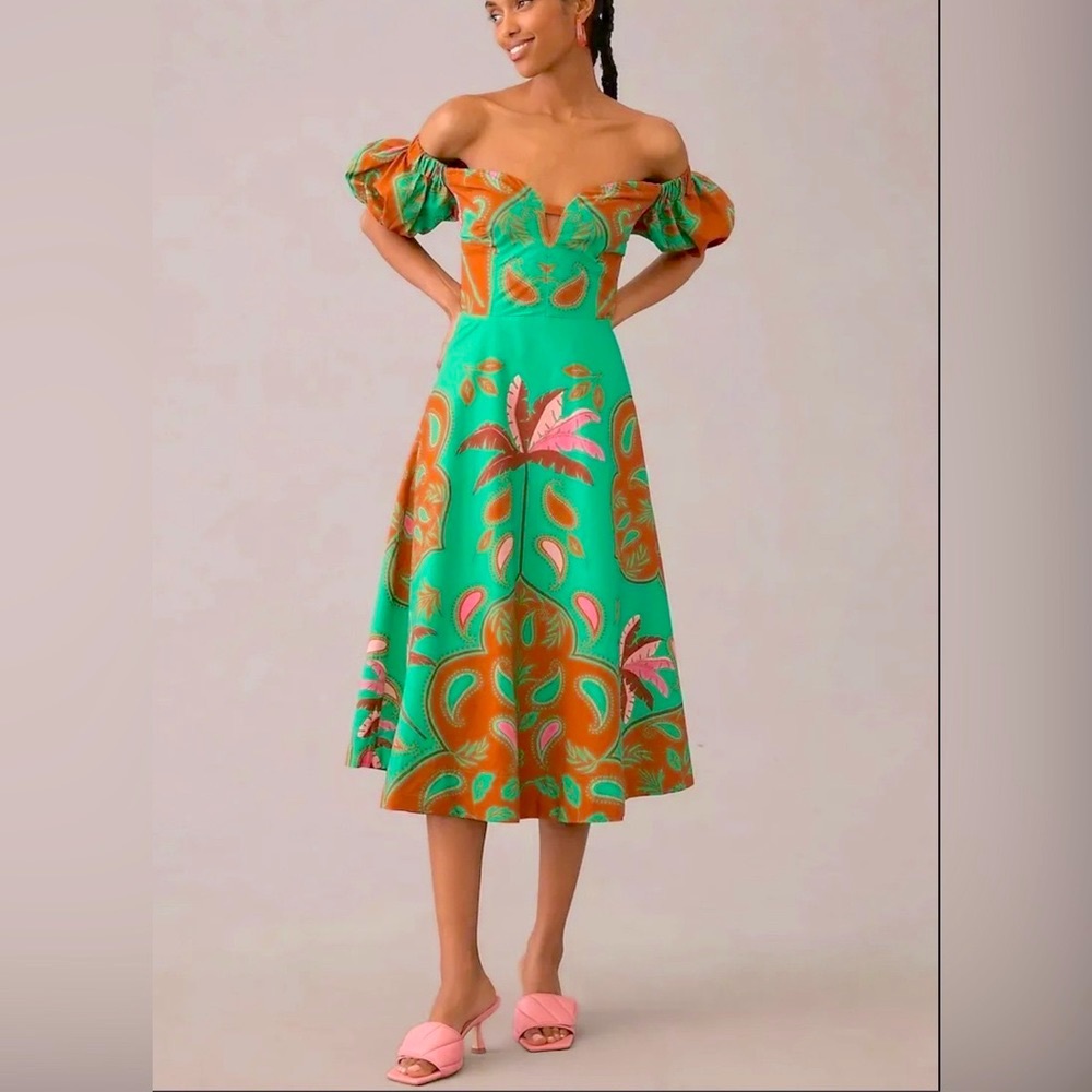 Anthropologie Maeve Green Floral Midi Dress Sweet Heart Puff Sleeve Size 8